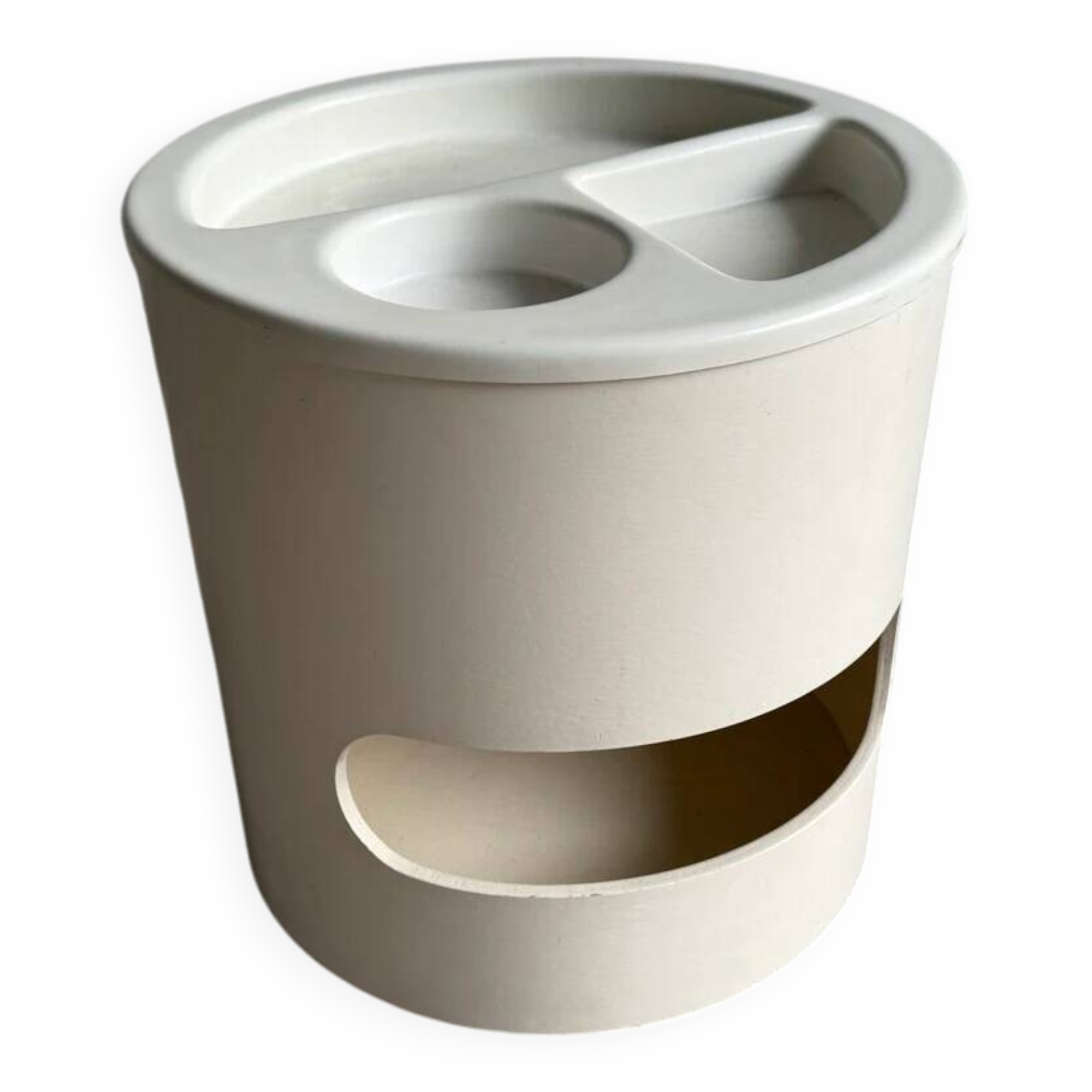 Kartell cream plastic side table with removable compartmented top and storage, 1970s Italian design