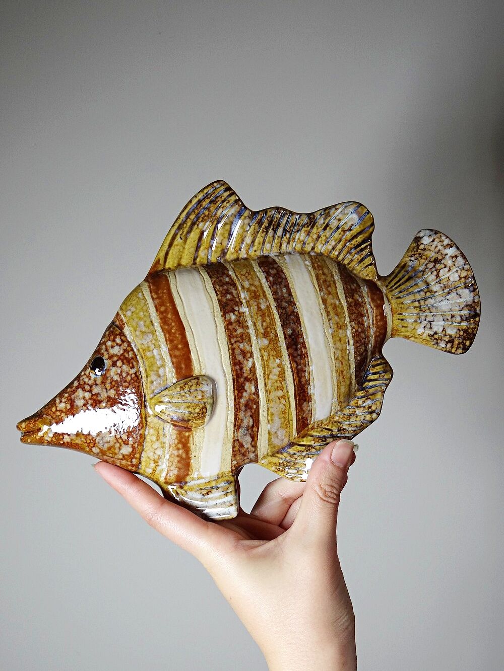 Vintage ceramic wall fish in glazed handmade style, 1970s-1980s.