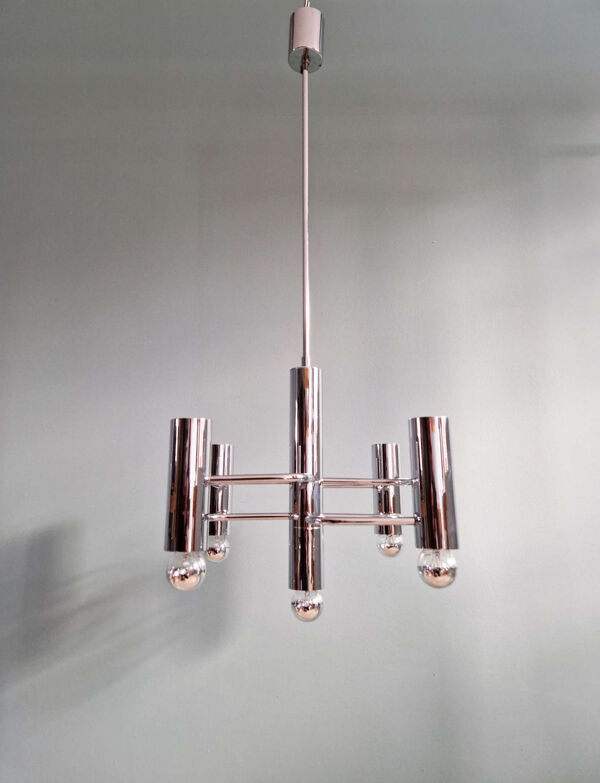 Lustre géométrique en métal chromé, design Gaetano Sciolari, 1970