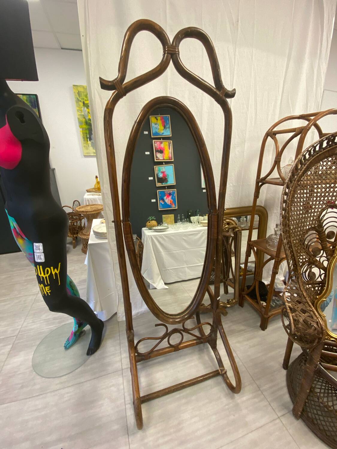 Rattan psyche mirror