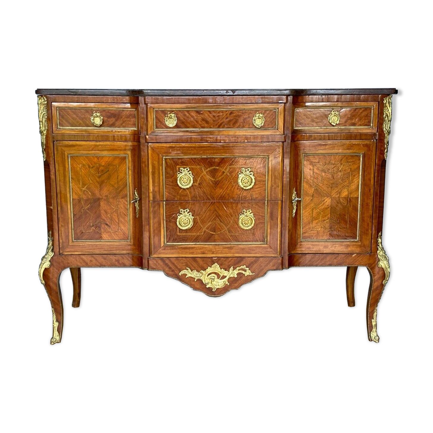 Commode transition louis xv xvi fin xix eme ornementation bronze marbre