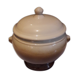 Large covered two-tone ceramic soup bowl with "lion's head" handles