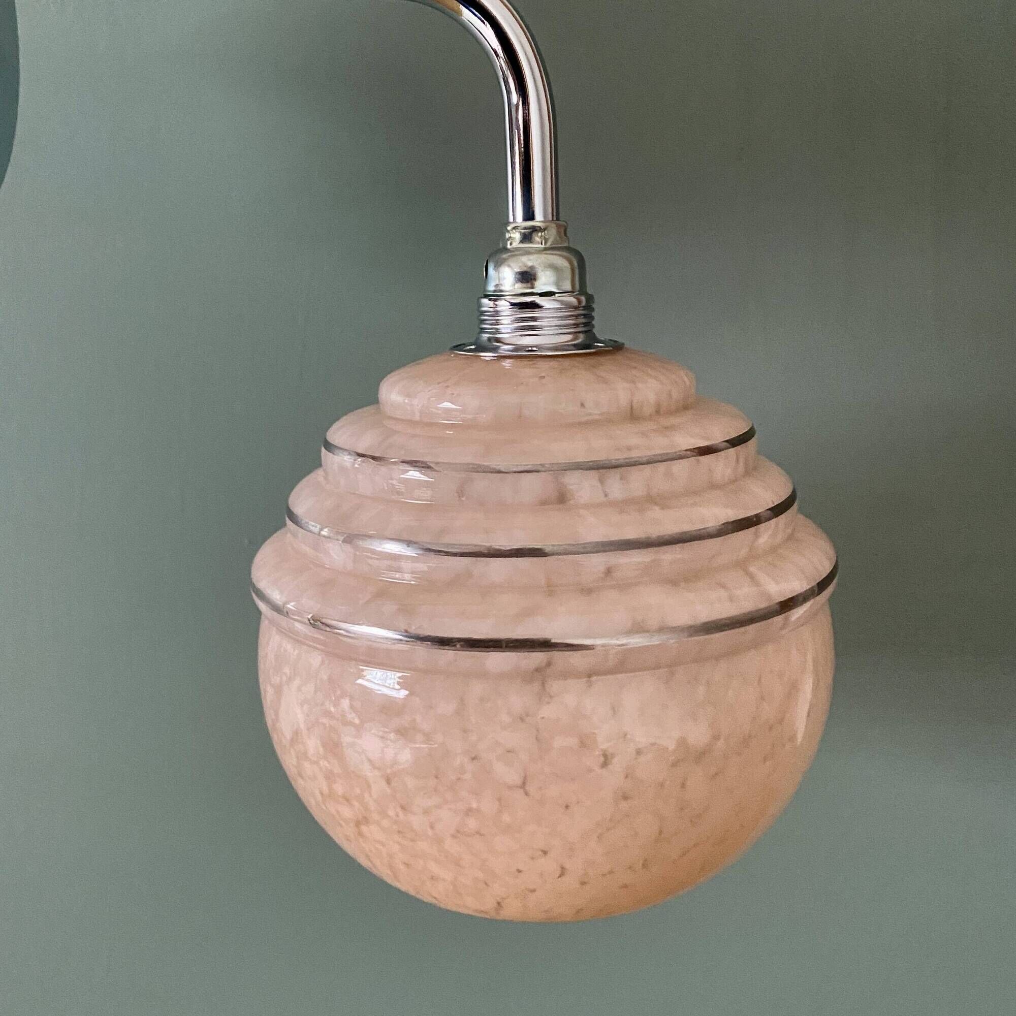 Vintage golden globe elbow wall light in pink and silver Clichy glass