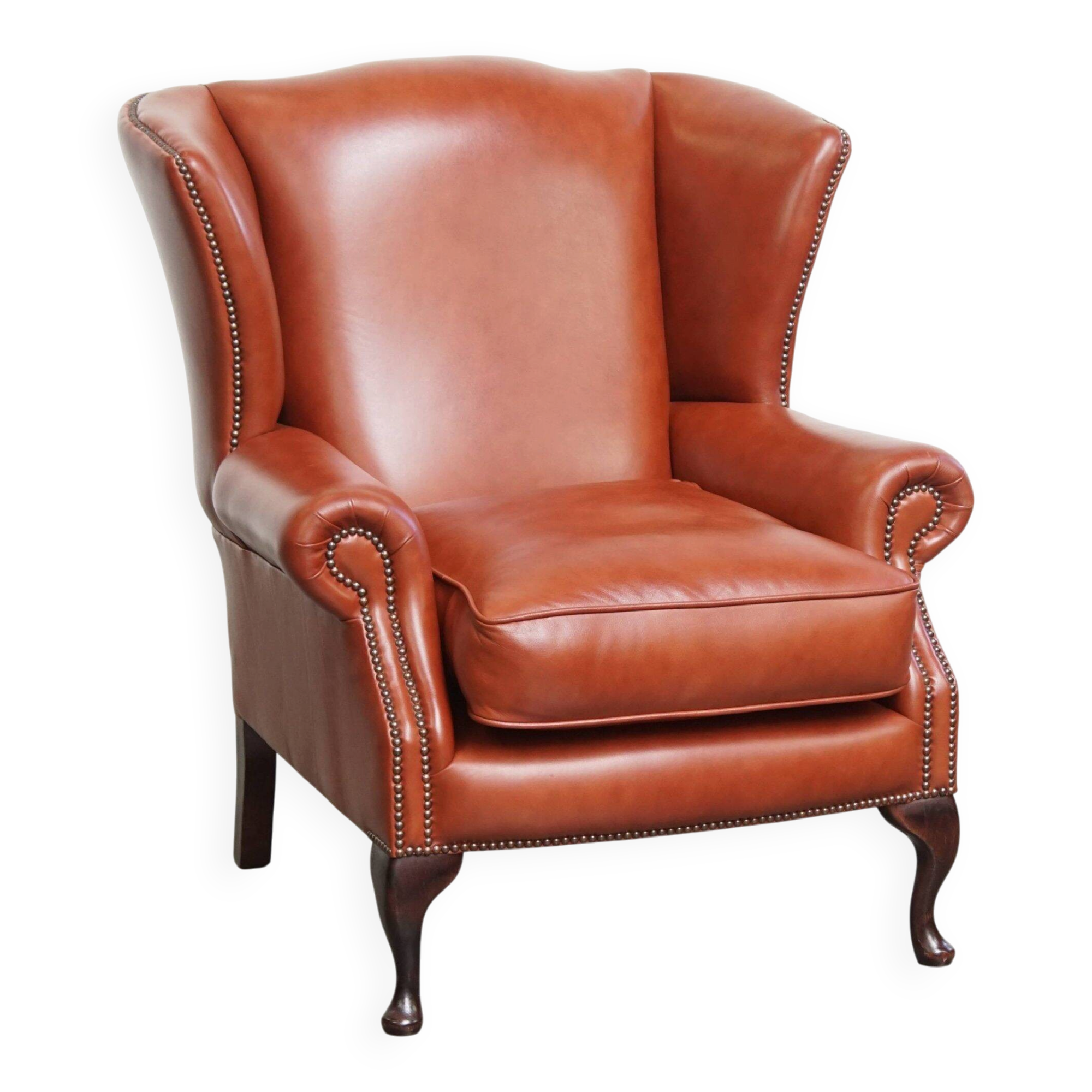 Elegant smooth English cowhide leather Chesterfield wingback armchair