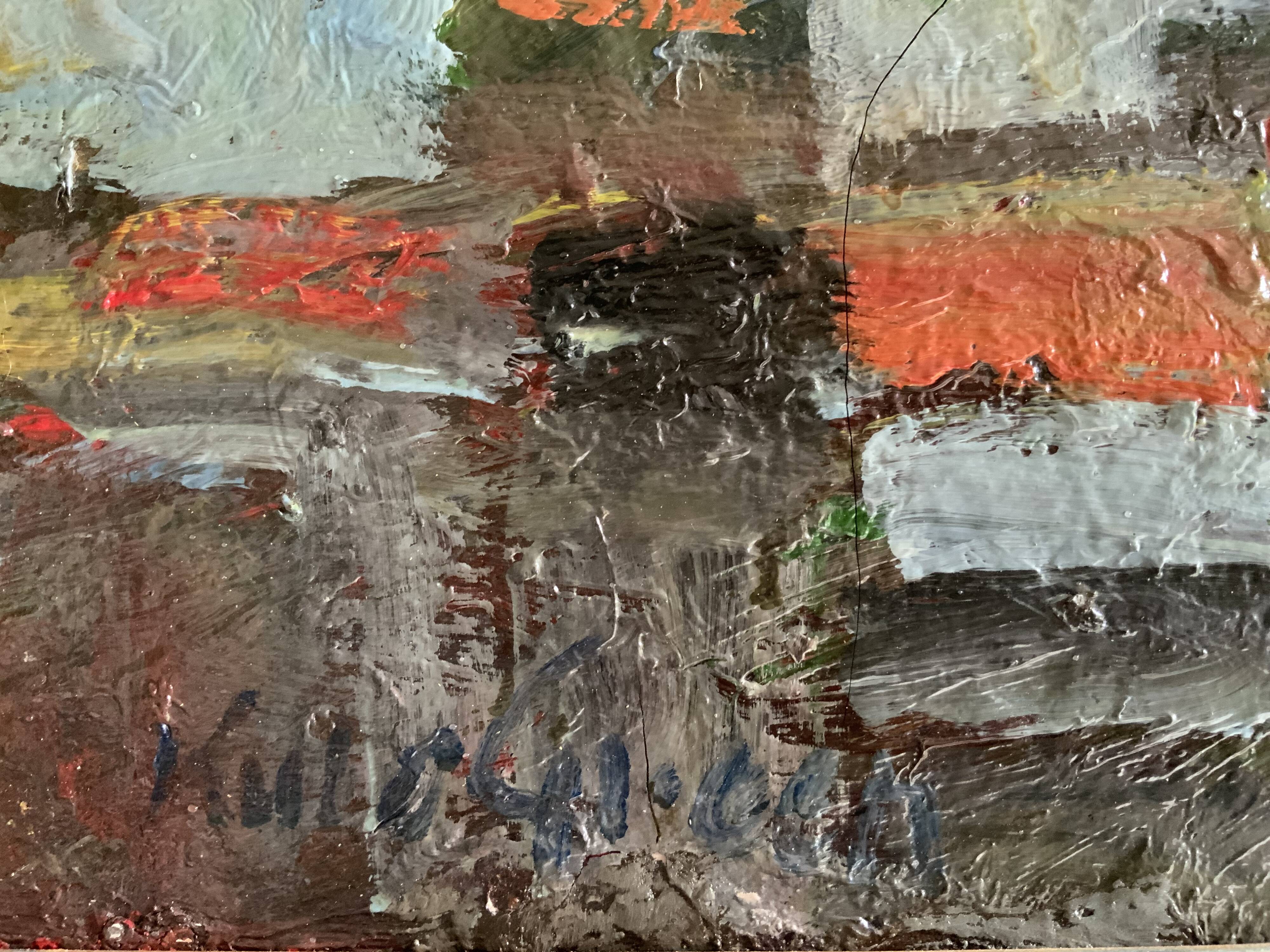 Vintage Abstract Kulo Green Oil Painting 1970s