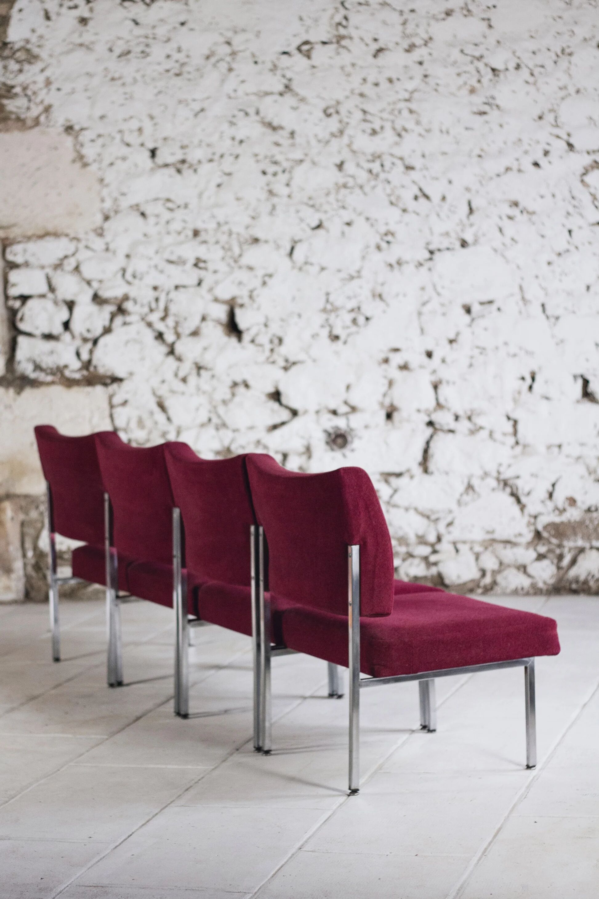 Set of 4 modernist burgundy armchairs, 1970.