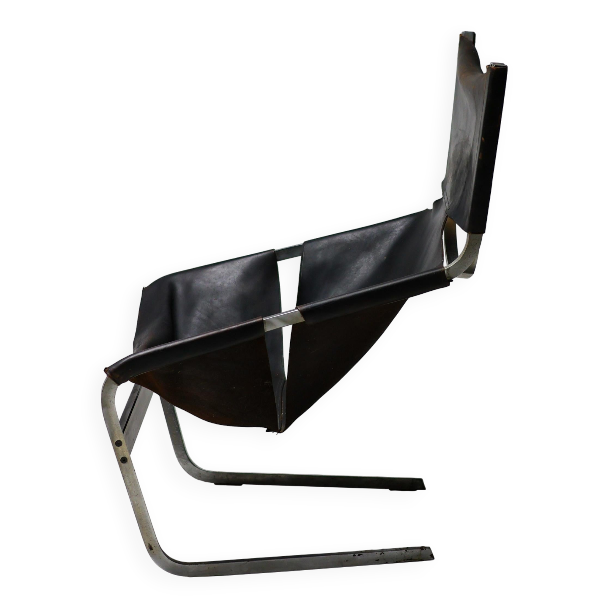 Pierre Paulin F444 chaise longue in black leather - All original, Vintage