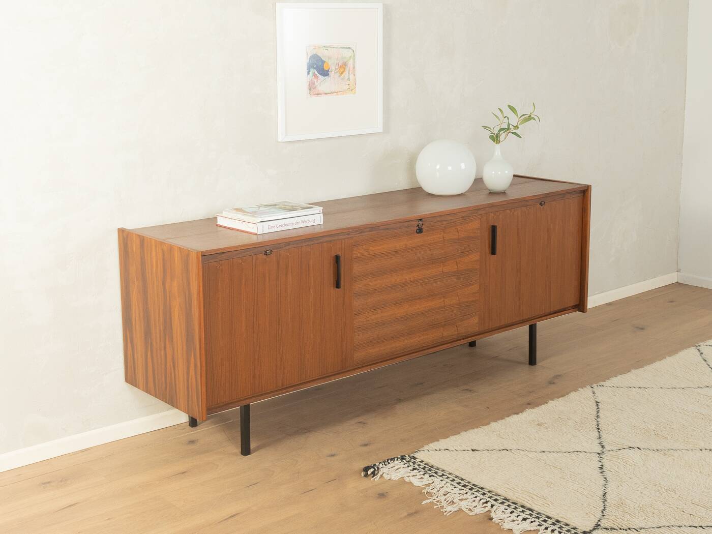 Unique folding bed from the 1960s, walnut veneer, black steel legs