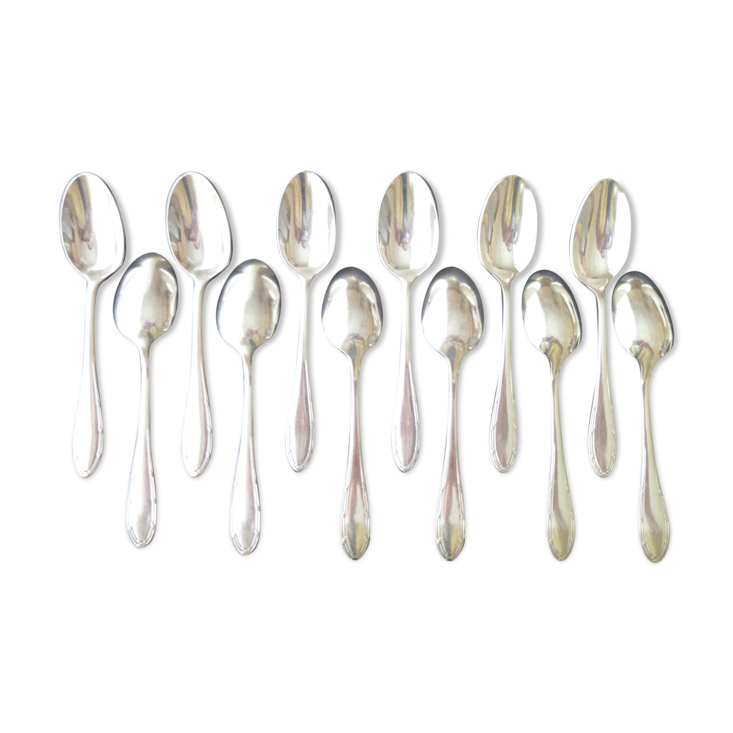 Set of 12 silver metal mocha spoons, crusader ribbon model