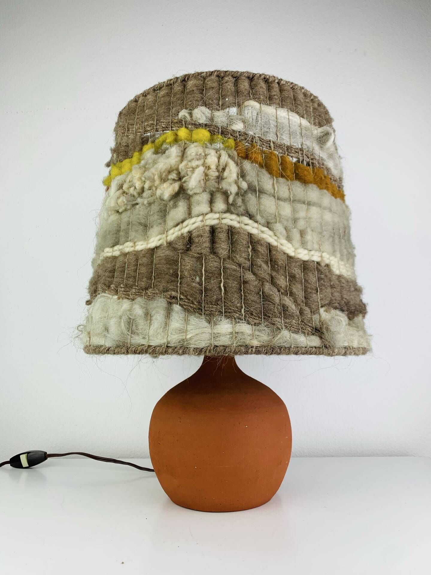 Terracotta globe lamp with a wool shade from the 1960s.