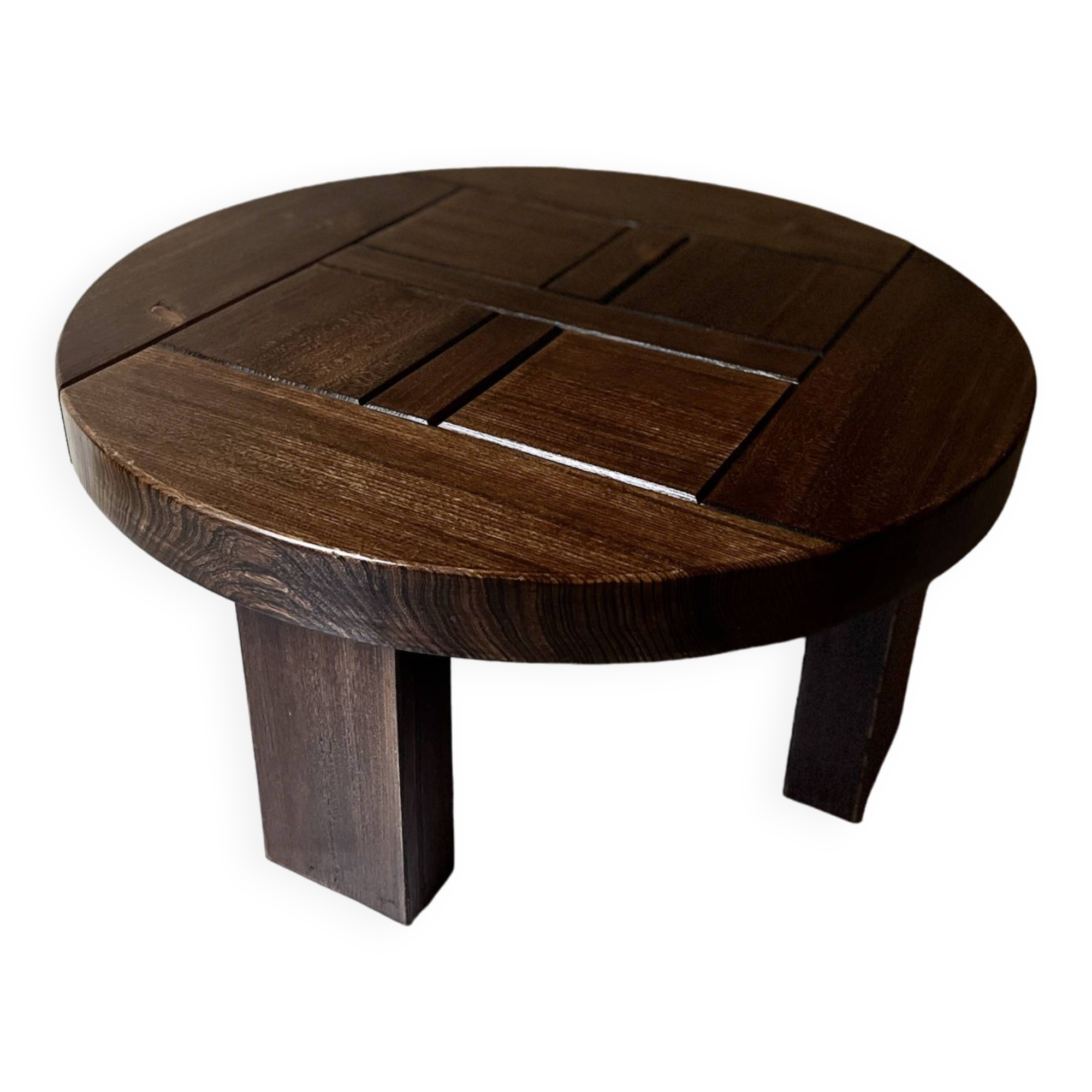 round coffee table in solid elm wood, Maison Regain 1980