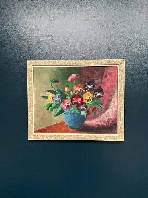 Original Swedish Oil on Canvas – “Pansies in Blue Vase” by G. Stränz