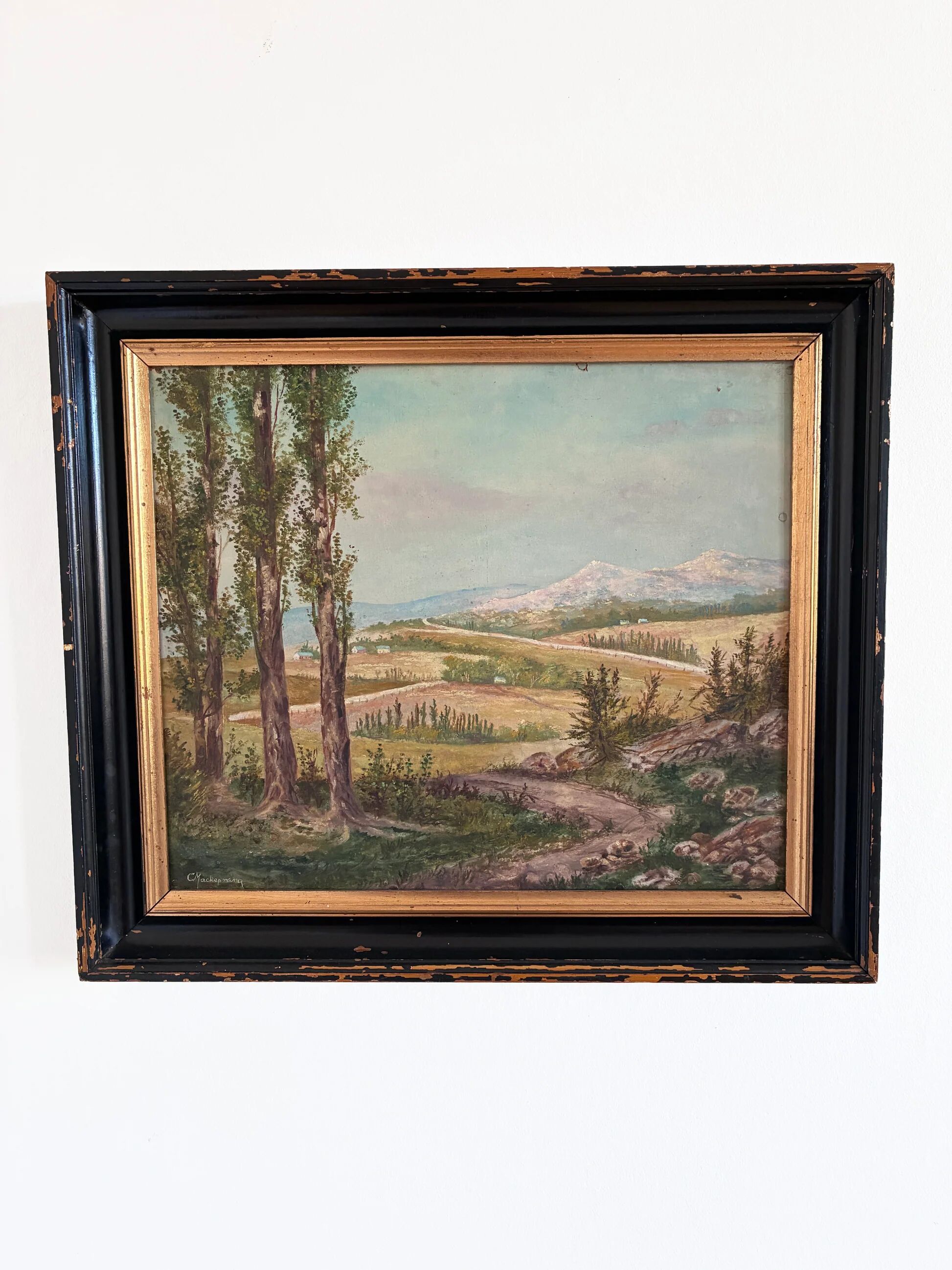 Vintage original landscape oil painting: Countryside nature wall art