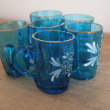 6 antique liquor cups in blue enamelled glass