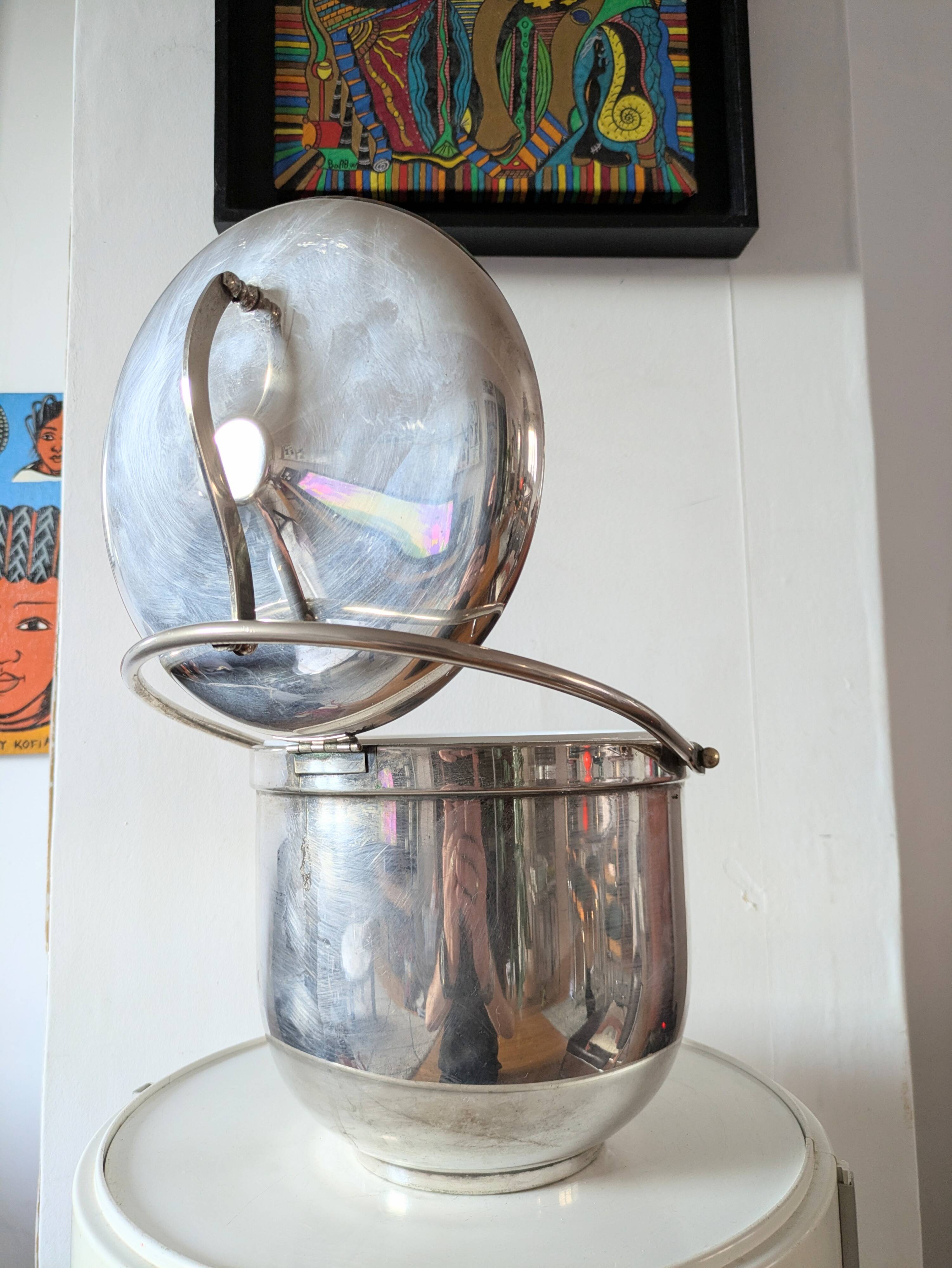 Sheffield Silver Ice Bucket in silver metal with hinged lid