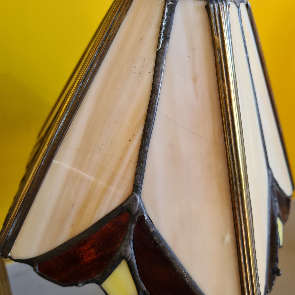 Old brass desk lamp with stained glass. 20th century.