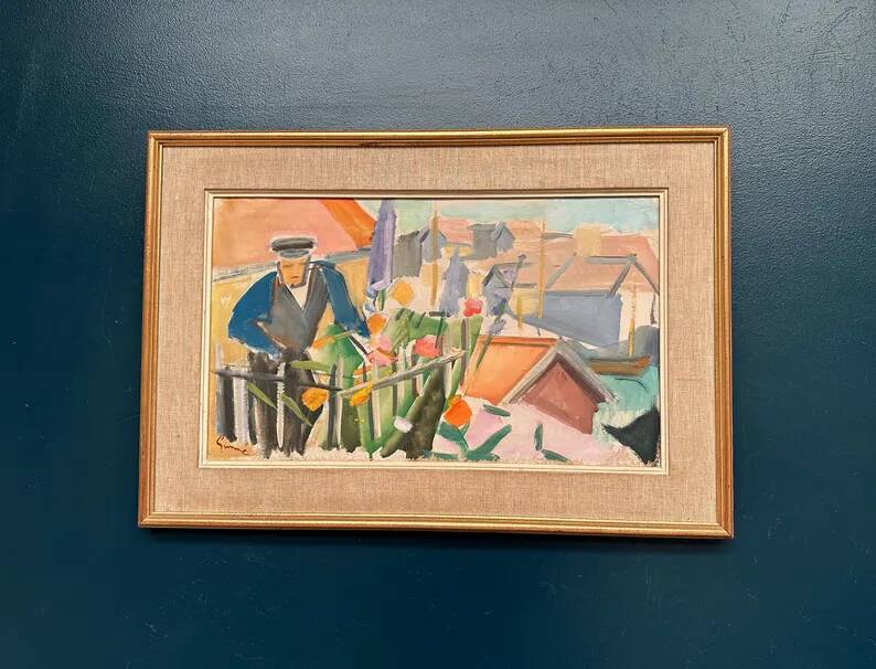 Swedish Original Oil on Canvas – "Figure Near a Flower Fence" by Carl Gunne – Signed – Vintage and Framed – 69.5 × 48 cm (27.4" × 18.9")