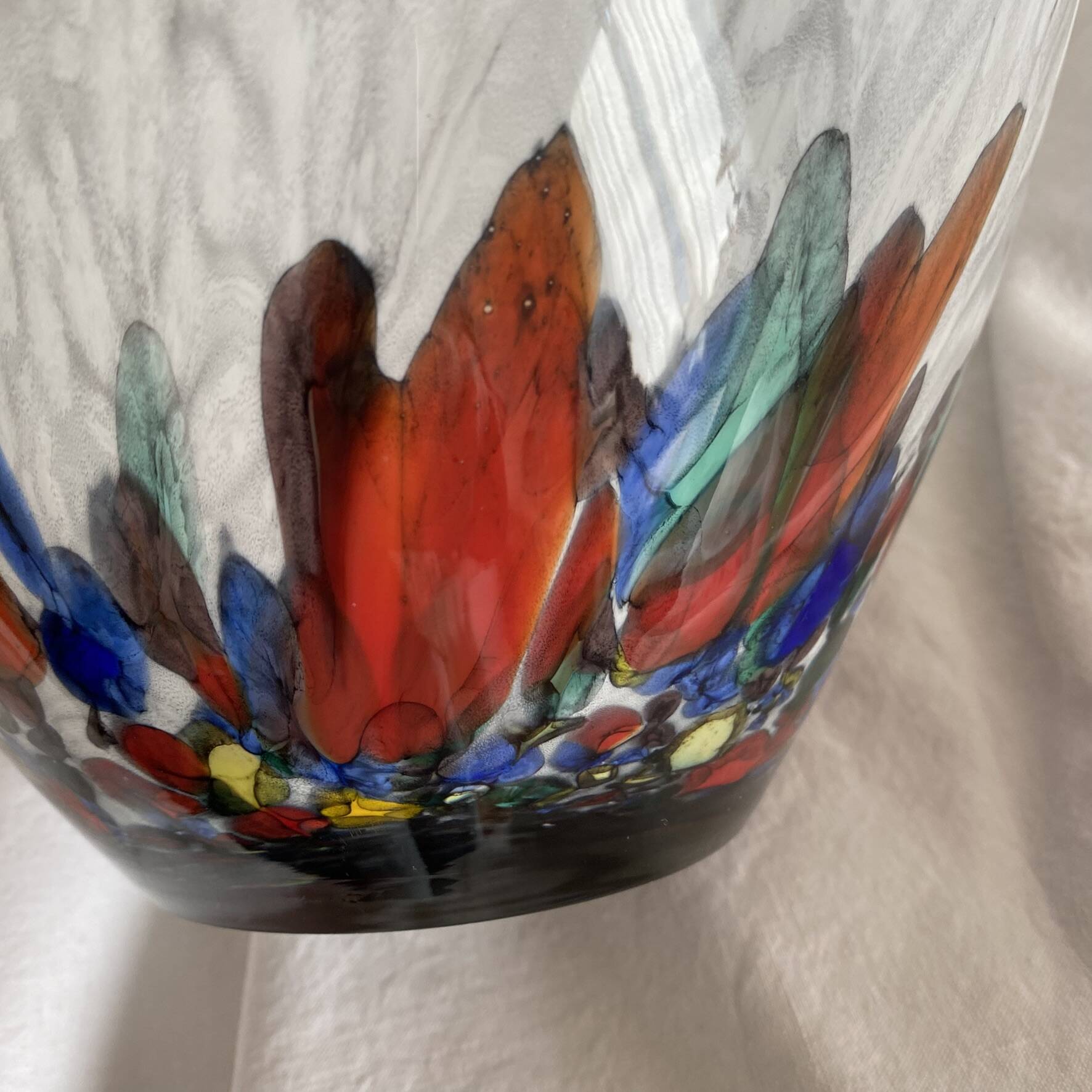 Large blown glass vase with polychrome inclusions in the Murano style.