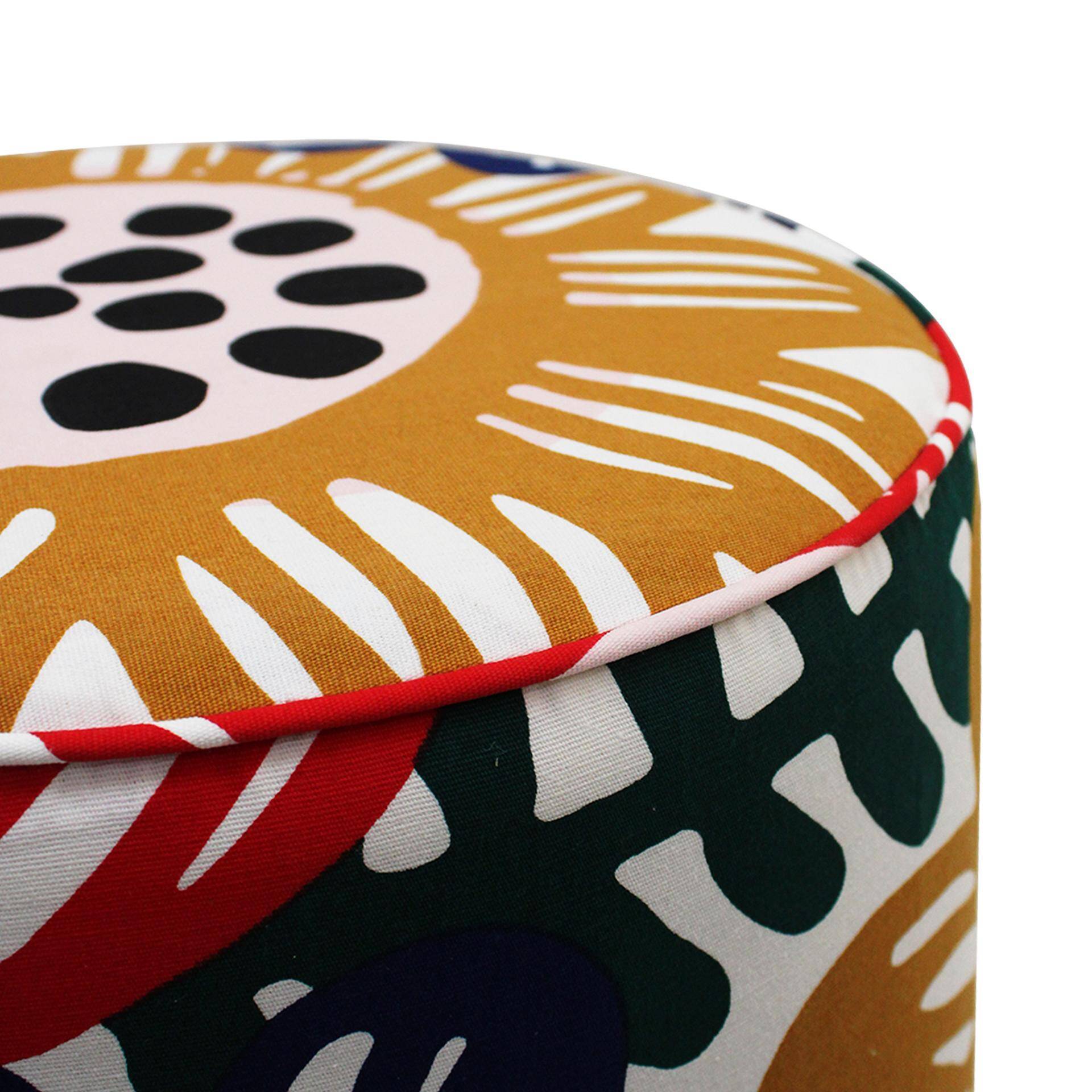 Contemporary Multicolour Floral-patterned Fabric and Brass Italian Circular Pouf
