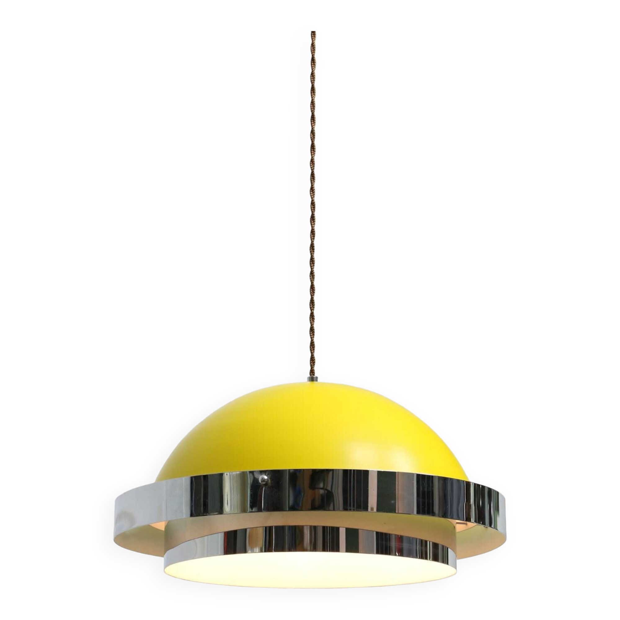 Space-age italian yellow and chrome metal pendant lamp, 1970s