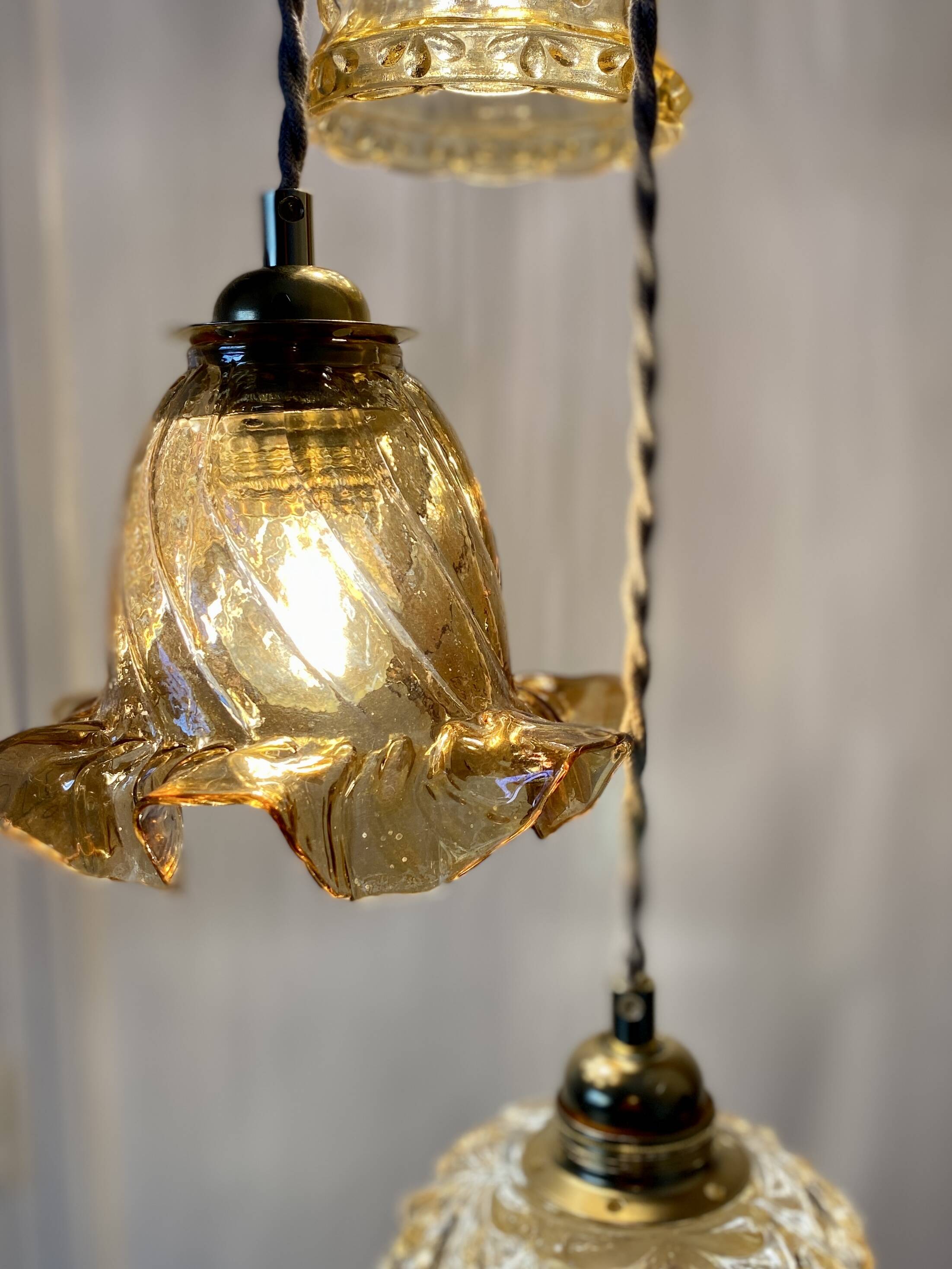 Vintage triple globe waterfall pendant light in amber glass