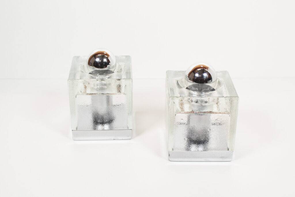 Set (2) of metal and ice glass 'cube' wall lights, Germany 1970s