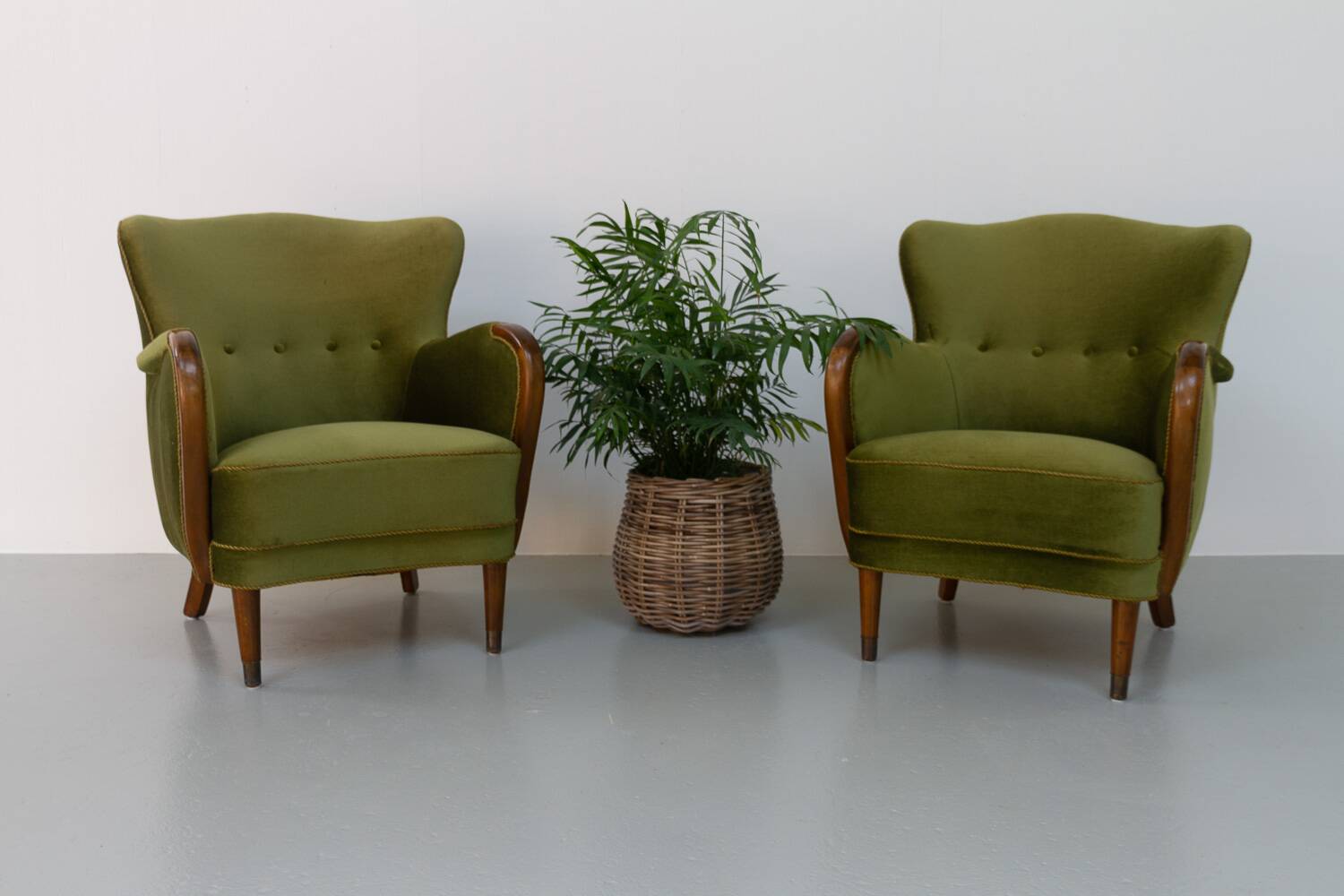 Danish art deco green velvet lounge chairs, 1940s. set of 2