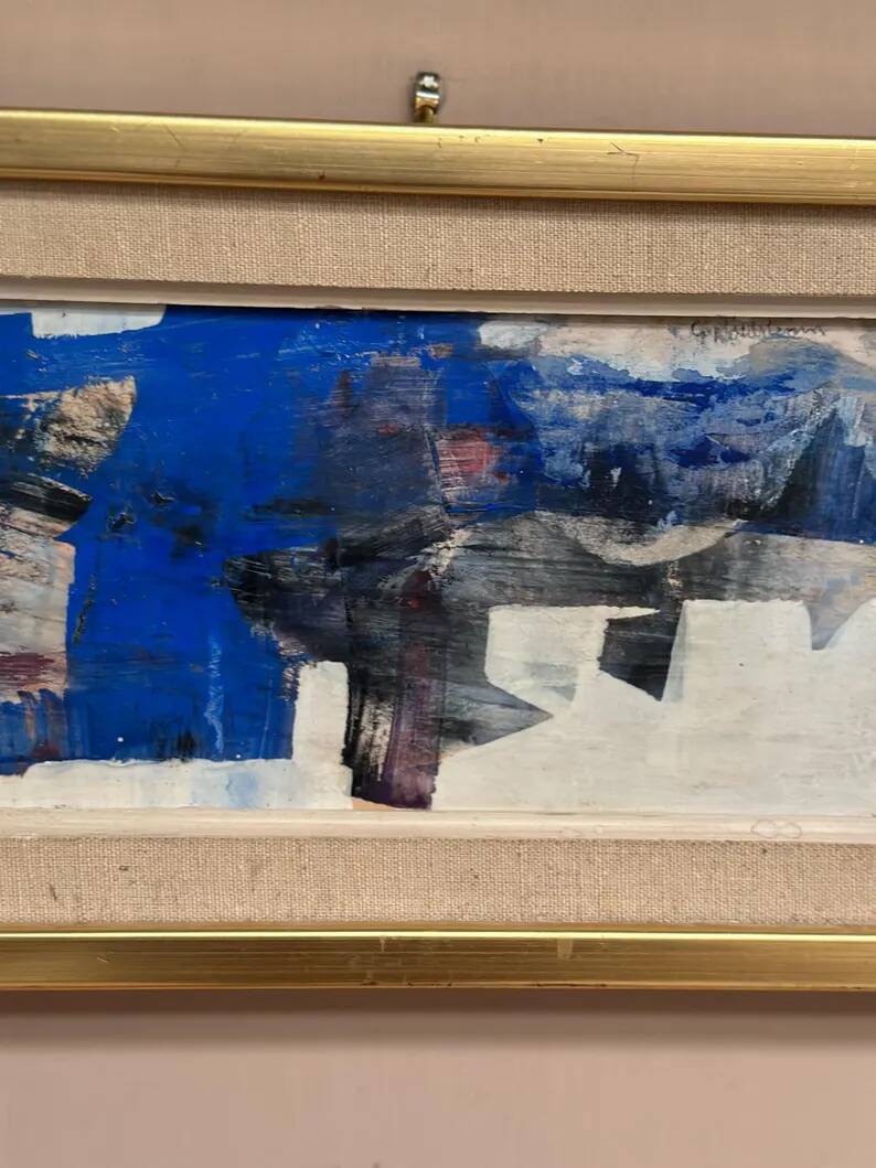 Original Swedish Oil on Panel – "Blue Composition" by Gunnar Nordström – Signed – Vintage and Framed – 24.5 × 18.5 cm (9.6 in × 7.3 in)
