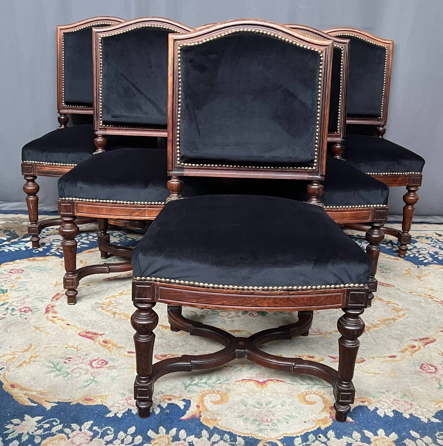 Antique Louis XVI style chairs. Set of 6. Solid rosewood. New upholstery.
