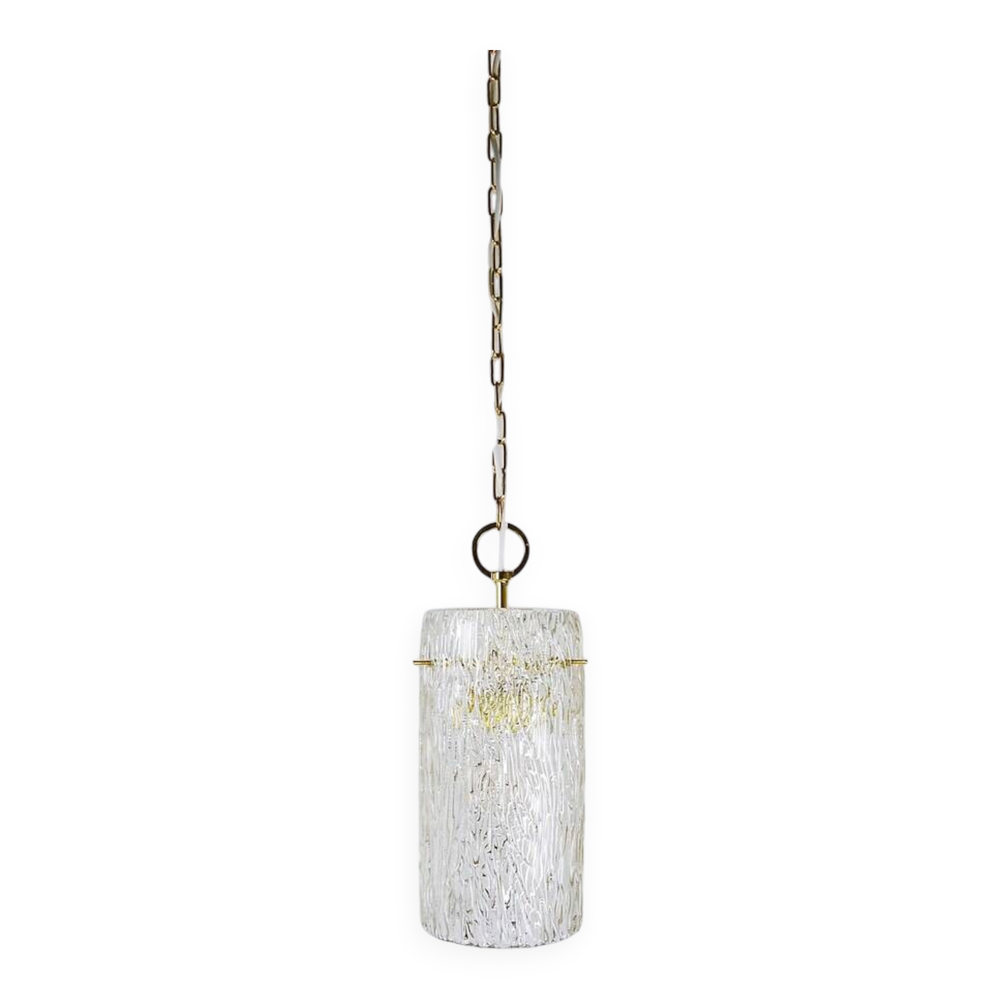 J.T. Kalmar Vienna Midcentury Textured Ice Glass Tube Brass Pendant Lamp, Austria, 1950s