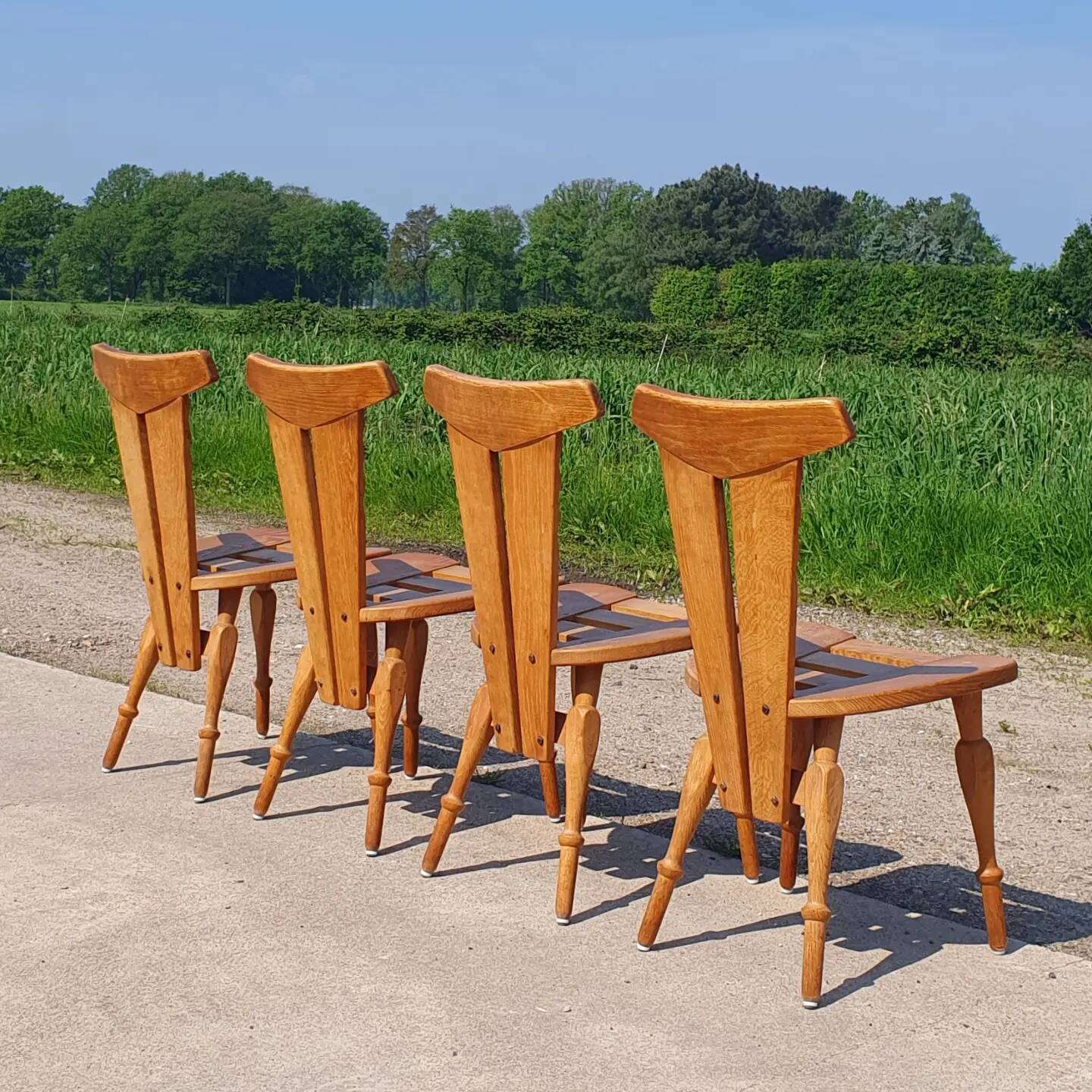 Set 4 Brutalist sculptural vintage oak cafe dining chair 1960s