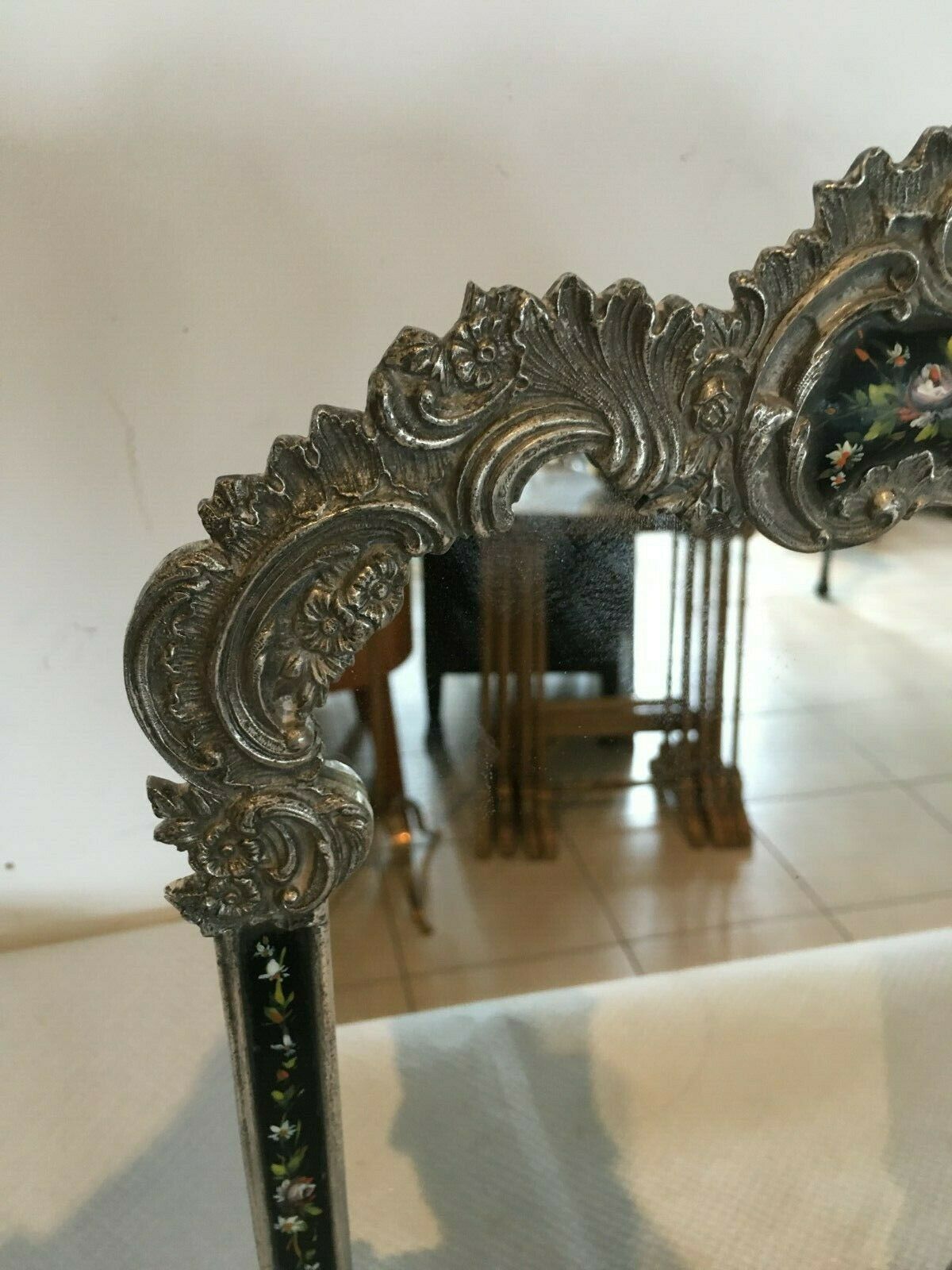 Louis XV style table mirror silver bronze frame floral painting 24x39cm