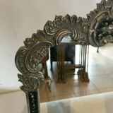 Miroir de table de style Louis XV cadre en bronze argenté peinture florale 24x39cm