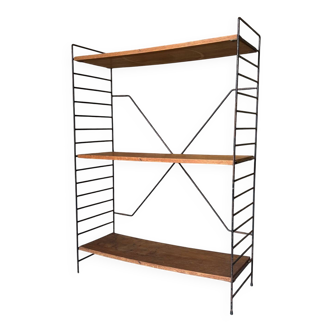 Free-standing shelves in lacquered wood and metal, 1960.