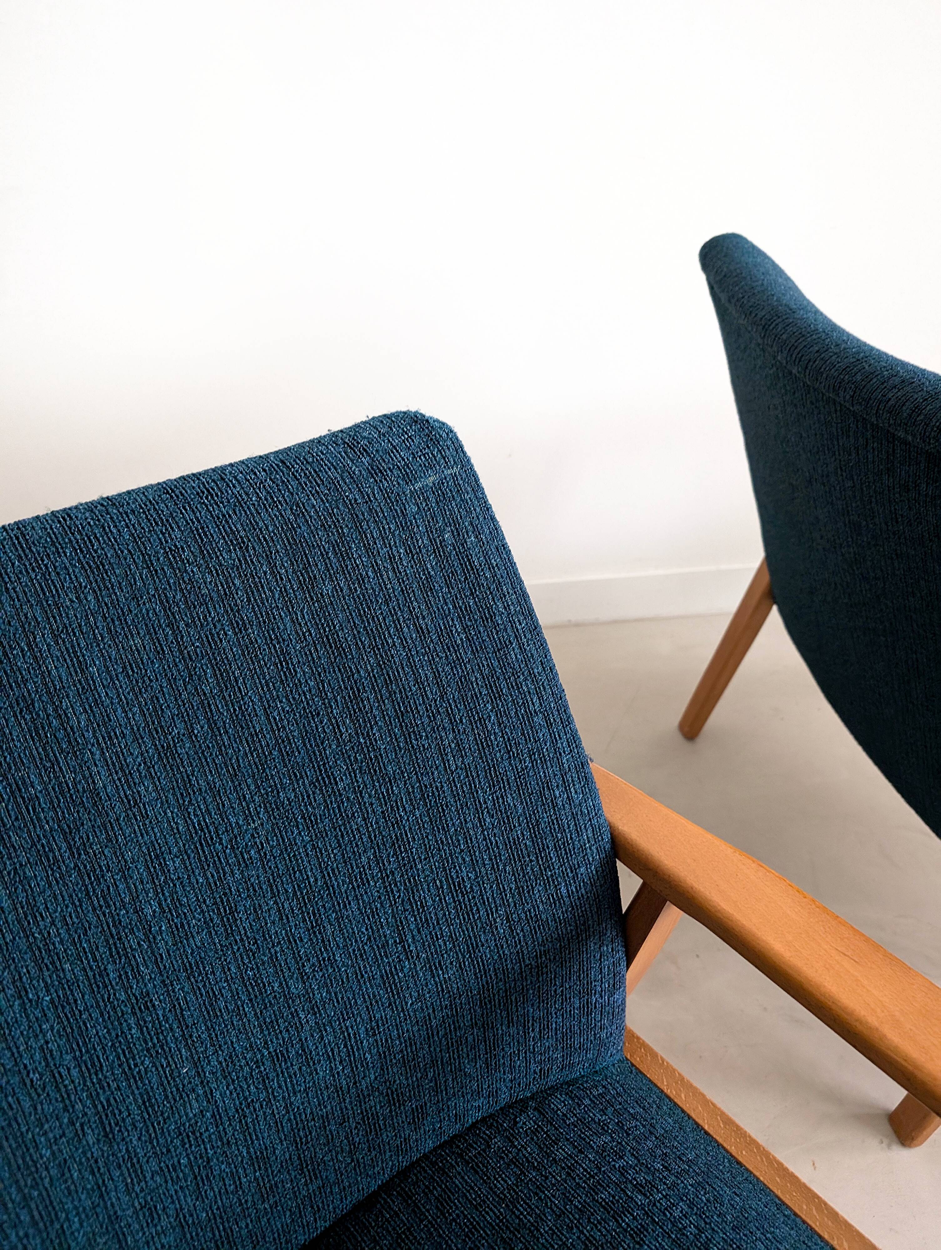 2 blue fabric armchairs, 1970s