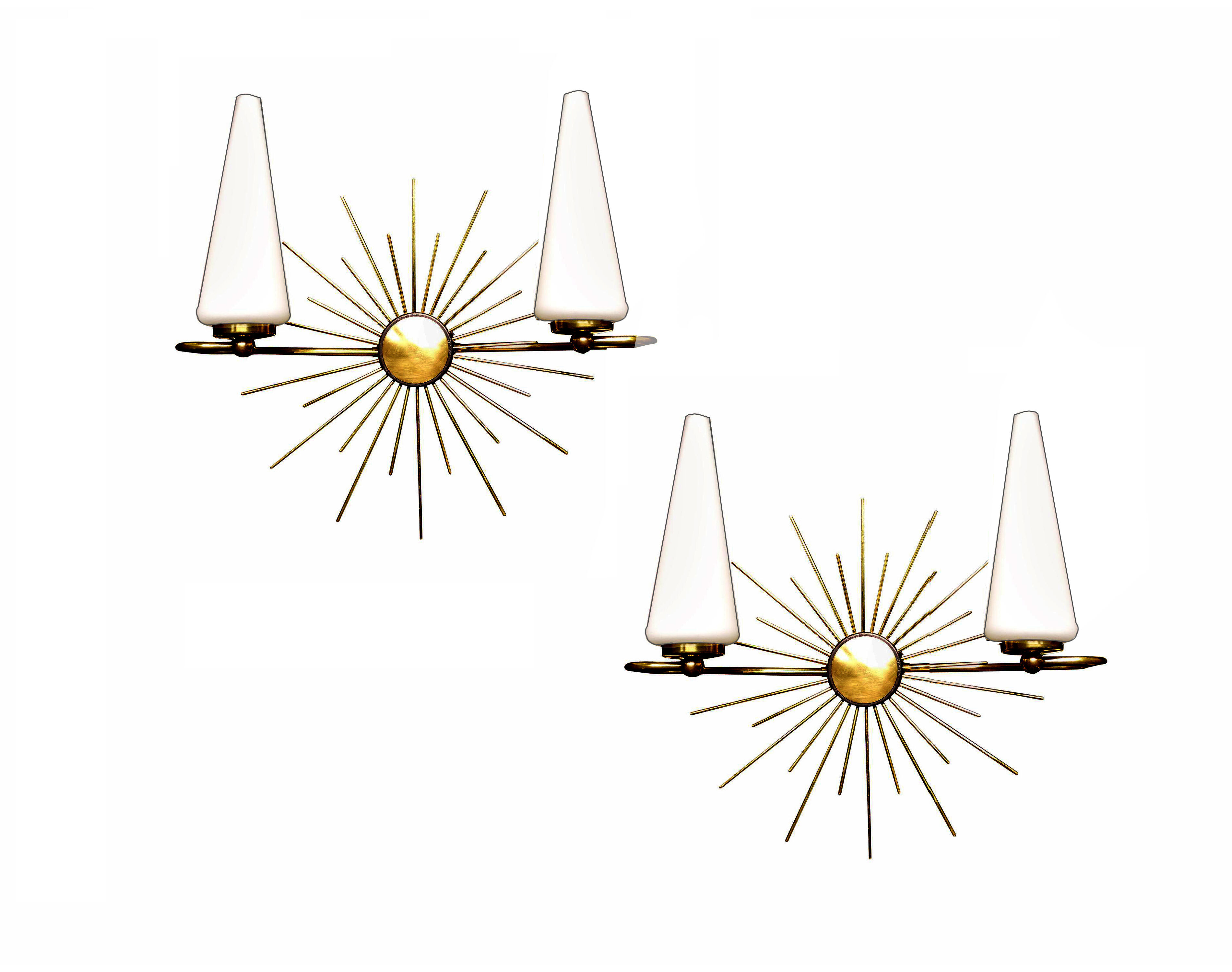 Pair of vintage sconces, sun, glass and brass, 60s