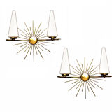 Pair of vintage sconces, sun, glass and brass, 60s
