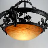 Wrought Iron and Glass Paste Pendant Light, Art Nouveau / Art Deco, Early 20th Century