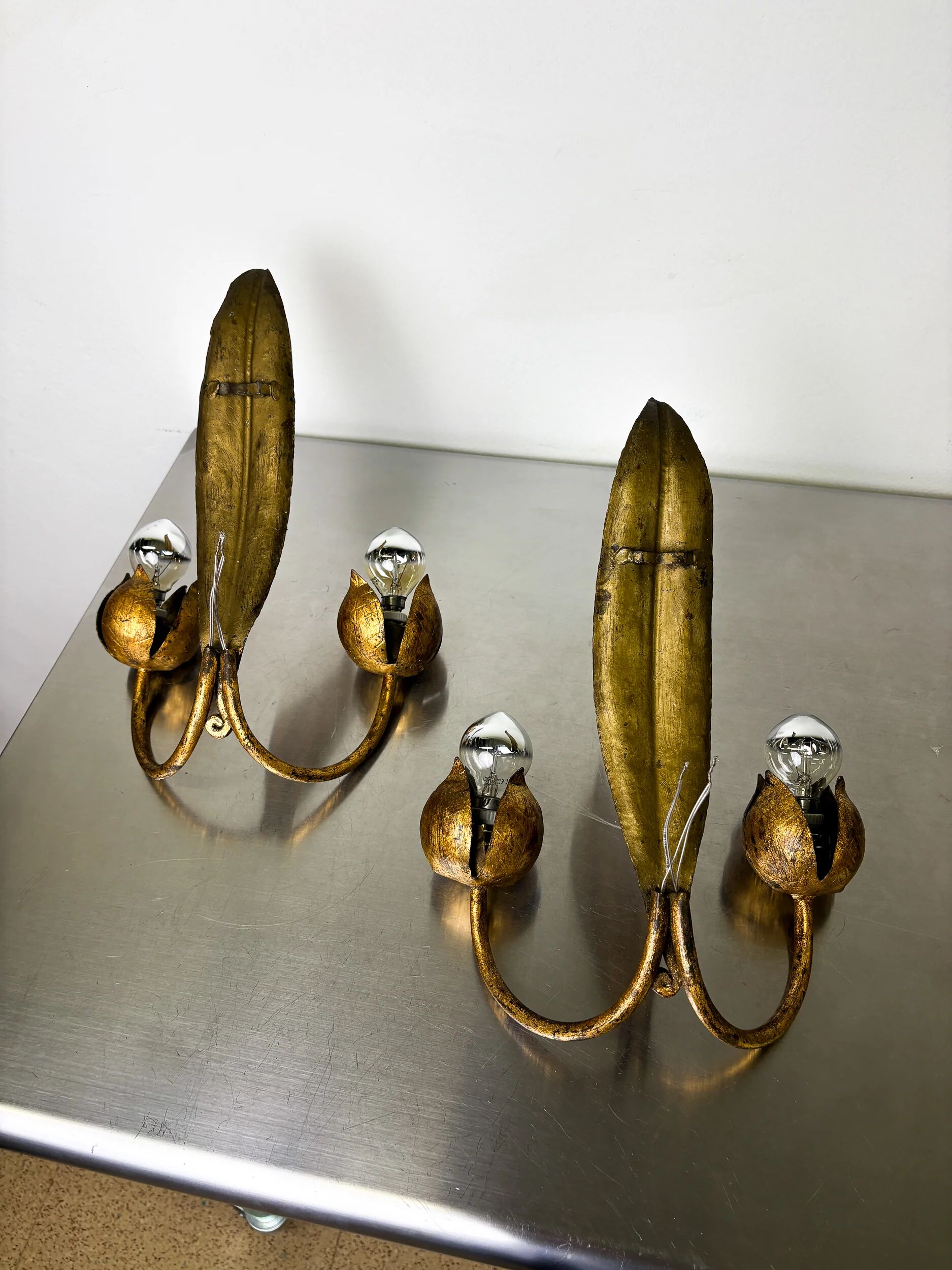 Pair of Spanish foliage wall sconces, leaf arms & bud shades, gilt iron, 1960s