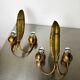 Pair of Spanish foliage wall sconces, leaf arms & bud shades, gilt iron, 1960s