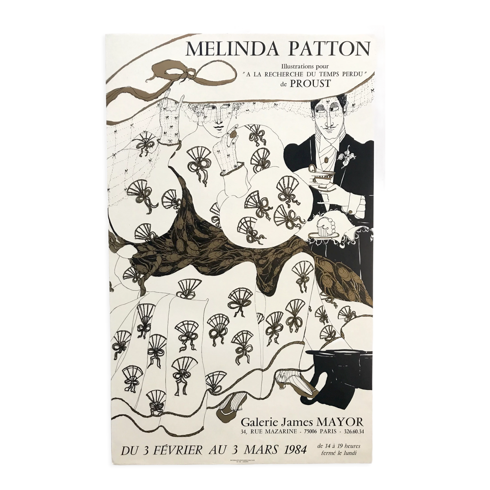 Original silkscreen print in black and gold by melinda patton, james mayor gallery, 1984 marcel proust