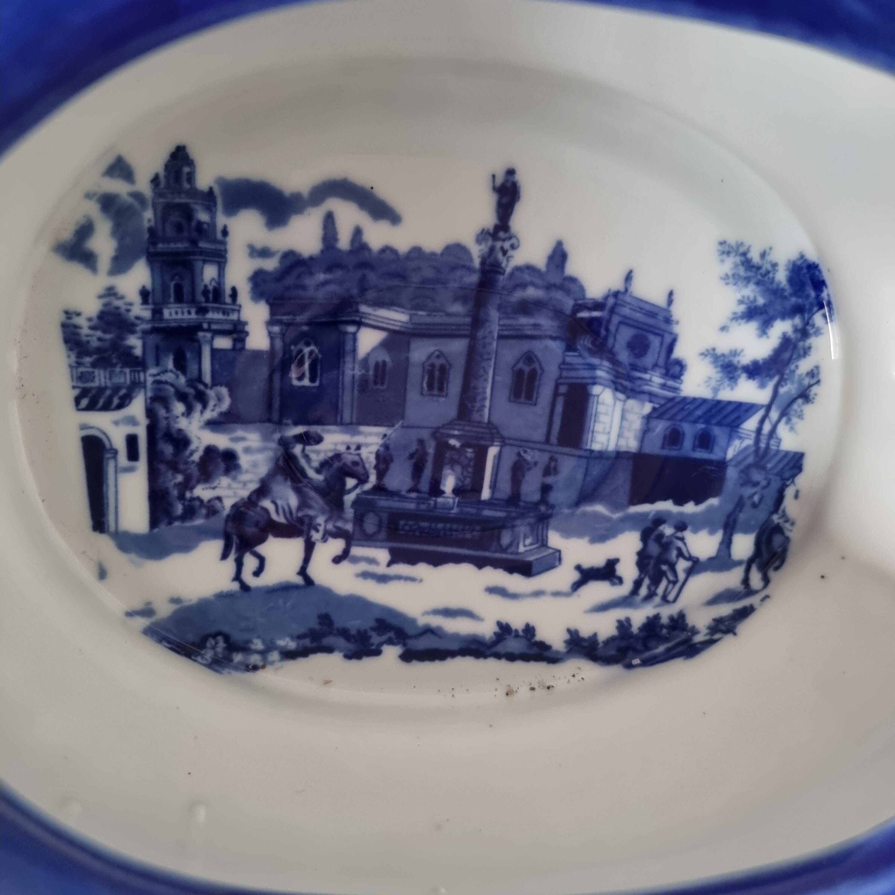 English porcelain flower pot or planter, blue Victorian landscape