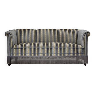 Canapé danois 3 places des années 1960, velours d'ameublement bleu/beige, pieds en bois de hêtre.