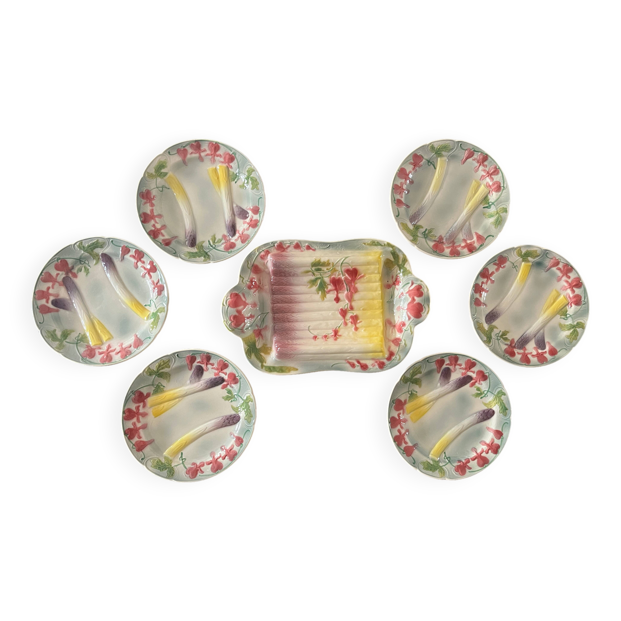 Asparagus service: dish and 6 Saint Clément France barbotine plates