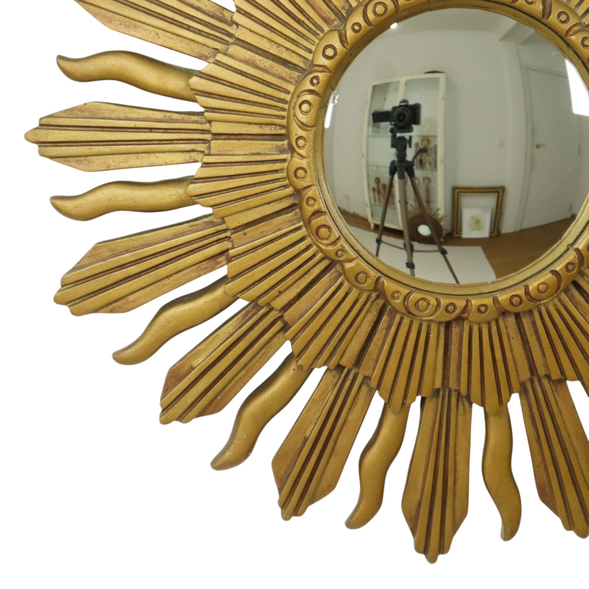 Vintage Sun Mirror Sunburst Mirror Convex Gold Resin 48cm