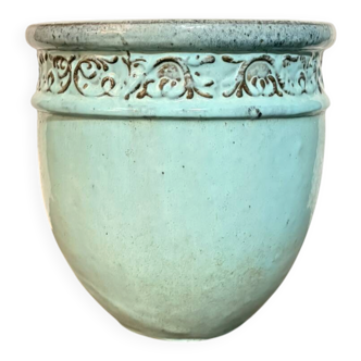 Ancien cache-pot, jardinière en céramique émaillée bleue