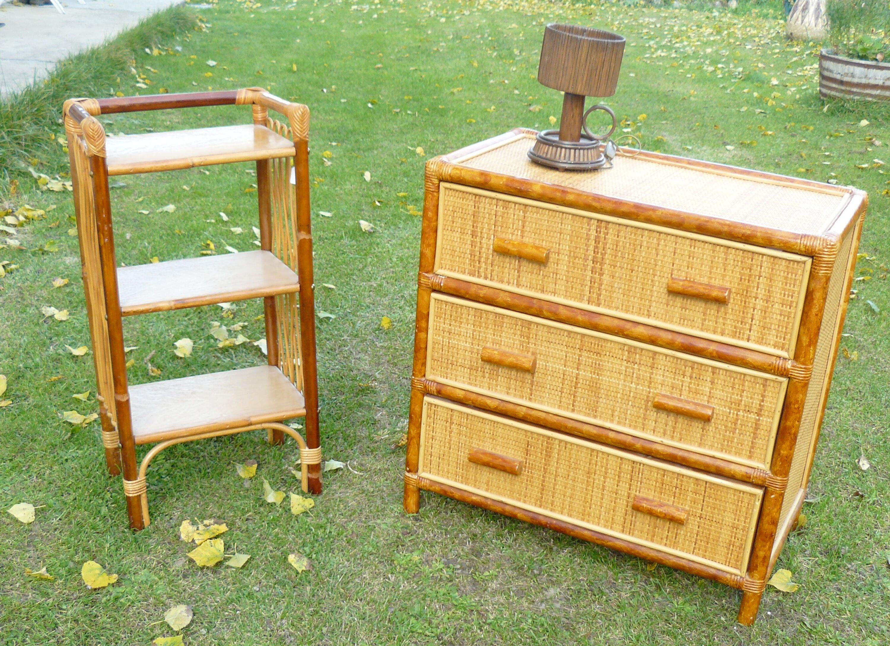 3-drawer chest vintage rattan and bamboo 1960-70