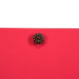 Large antique mirror with a solid wood frame painted turquoise and with red accents, mirror effect glass.