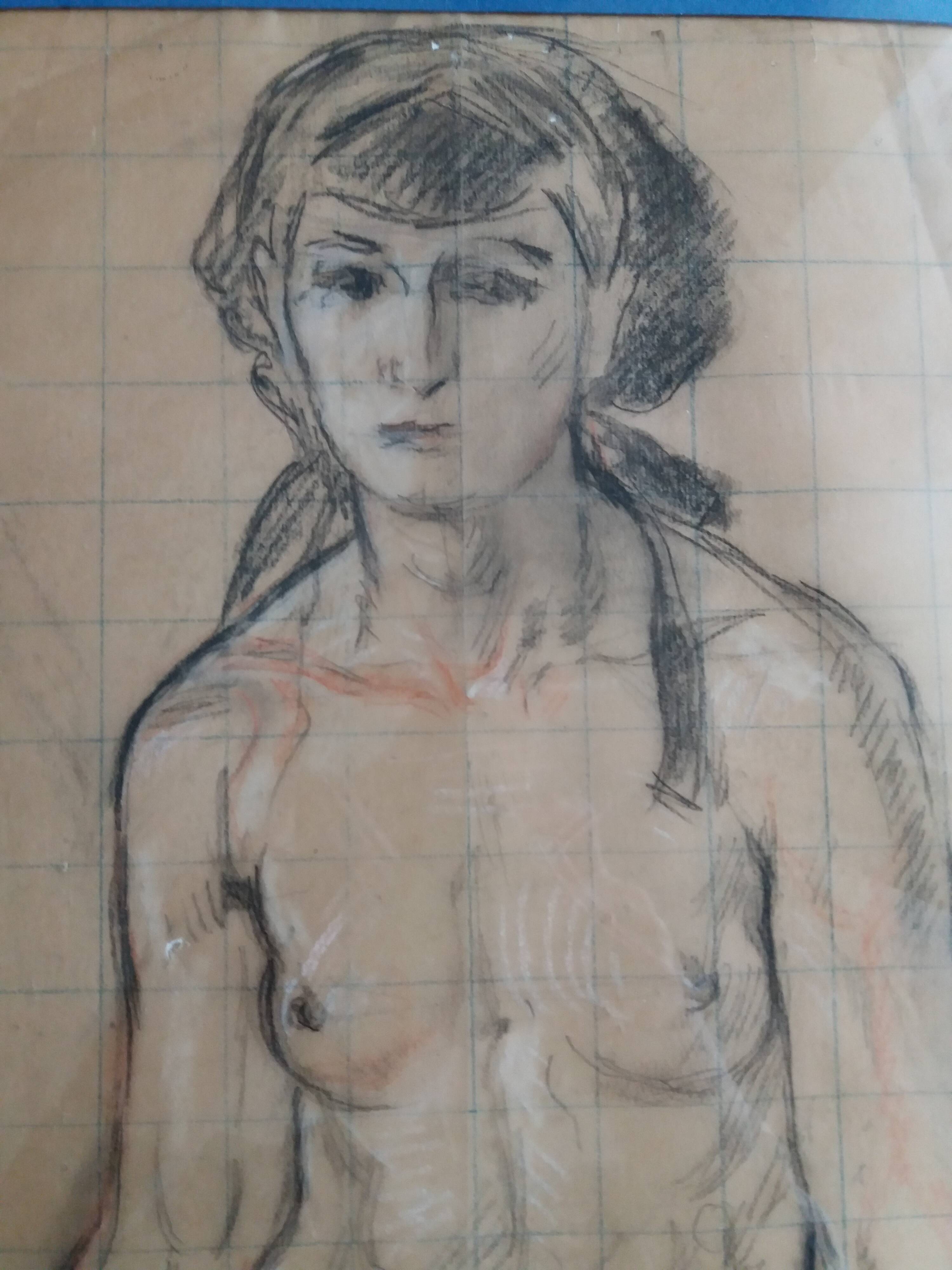 Study of a female nude in charcoal and sanguine, first half of the 20th century