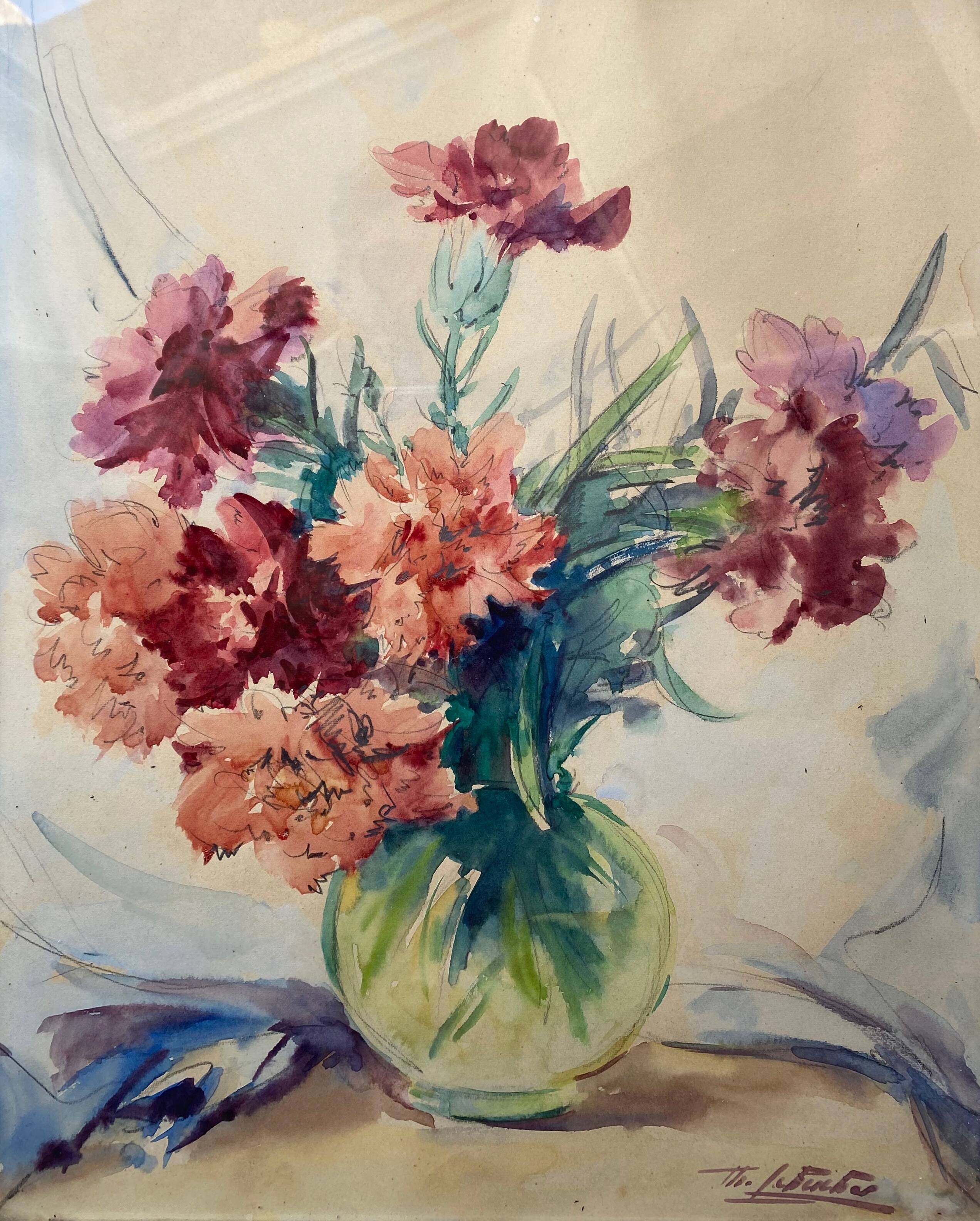 Tableau aquarelle "bouquet de fleurs" signée lehuchée